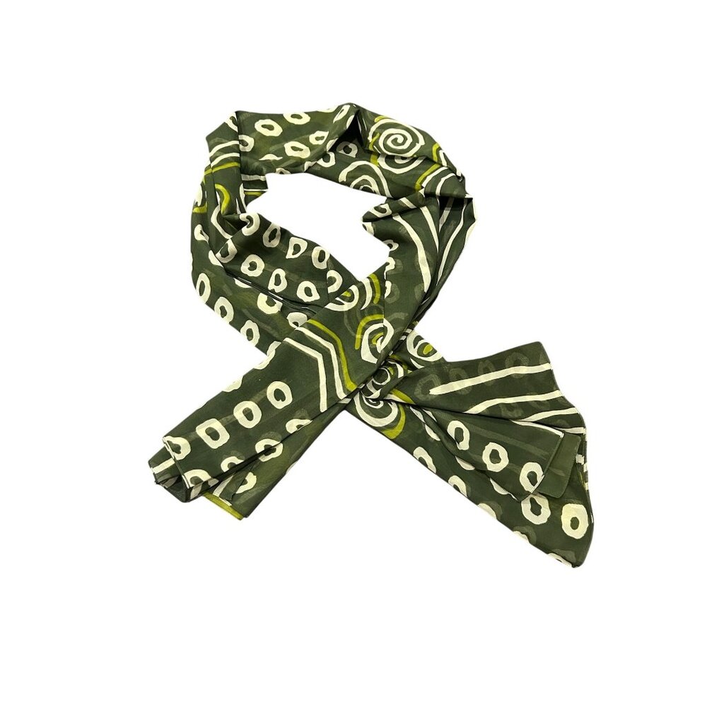 Green White Batik Scarf With Swirl & Dot Pattern Lightweight Shawl Wrap Boho